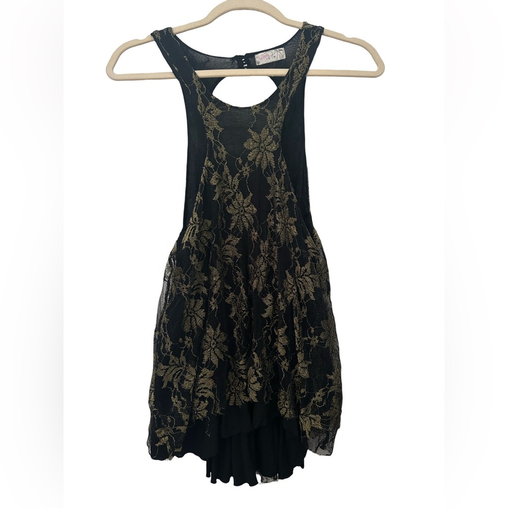 Free People Top. Black Gold Embroidered Mesh Tank Top